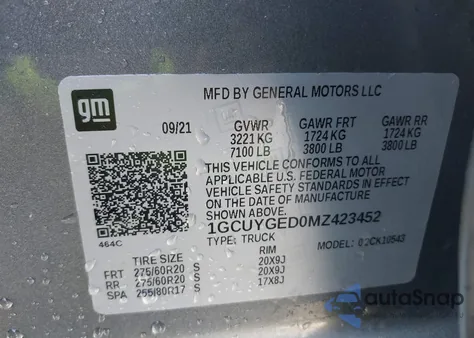 2021 Chevrolet Silverado 1500 4Wd Short Bed Ltz z USA, uszkodzony, nr VIN 1GCUYGED0MZ423452